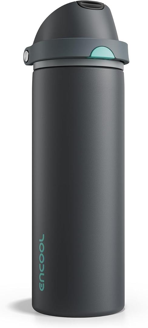 Insulated Water Bottle with Straw - Encool Stainless Steel Water Bottle with Push Button Lid, Leak-Proof & BPA-Free, Keeps Cold for 24 Hours for Sports, Travel, Gym (24 oz, Tuna Grey-Green)