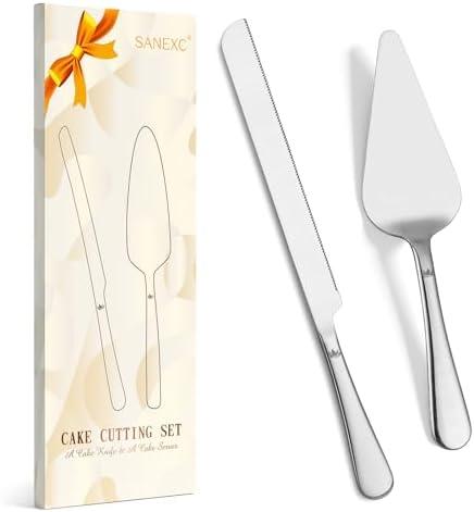 SANEXC Cake Cutting Set for Wedding - Extended Cake Knife And Server Set Thickened Stainless Steel Cake Cutter and Pie Spatula Great for Birthday Anniversary Christmas Gift Silver 2 Pcs