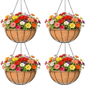 4 Pack 16 Inch Metal Hanging Planter BasketNatural Round Coconut Hanging Plant Flower PotCoconut Coir Planter for Hanging Basket Flowers/Vegetables Home Garden Patio Decoration Watermelon