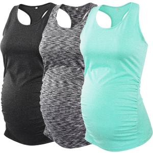 Glampunch 3PCS Maternity Yoga Tops Sleeveless Racerback Workout Athletic Maternity Tank Tops Pregnancy T-Shirt (Small, Black/Black Heather/Green)
