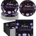 SiliFine 120 Pcs Happy Birthday Party Supplies Tableware Set Disposable Happy Birthday Plates and Napkins for 60 Guests Man Woman 50th 70th 80th Birthday Party Decorations (Black Purple)