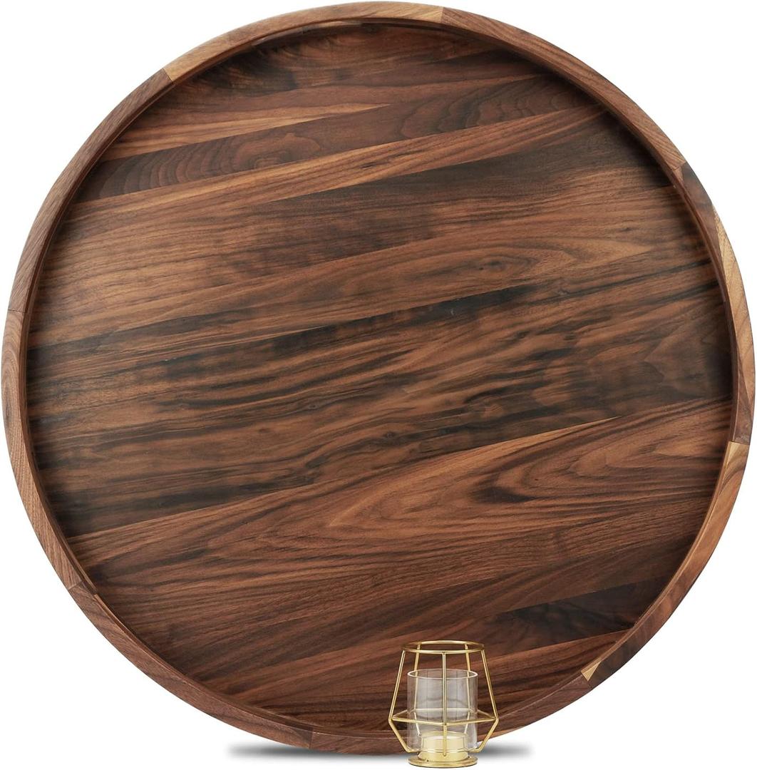 26 Inches Extra Large Round Black Walnut Wood Ottoman Tray with Handles, Serve Tea, Coffee, Classic Circular Wooden Decorative Serving Tray