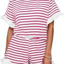 Tankaneo Womens 2 Piece Striped Shorts Set Ruffle Short Sleeve Tops Hight Waist Shorts Matching Sets Summer Vacation Outfits (White)