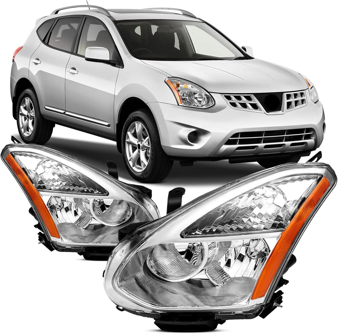Headlights Assembly Compatible With 2008-2013 Nissan Rogue, 2014-2015 Nissan Rogue Select Chrome Housing Amber Reflector, Halogen Model Replacement Head Lamp Assembly Set