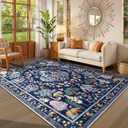 Lahome Blue Area Rug for Living Room, Vintage Machine Washable 5x7 Rug Colorful Soft Bedroom Rug, Botanical Non-Slip Low Pile Stain Resistance Large Carpet for Farmhouse, Dining Room, Kids Playroom