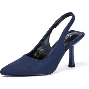 GENSHUO Women's Slingback Kitten Heel Pointed Closed Toe Stiletto Pumps Slip on Elastic Strap Wedding Party Dress Sandals Shoes (8, Navy Blue Suede)