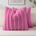 FUTEI Pack of 2 Faux Rabbit Fur Throw Pillow Covers 16x16 Inch Soft Fluffy Thick & Thin Striped Textured Decorative Cushion Case Modern Farmhouse Accent for Couch Bed Living Room, Hot Pink