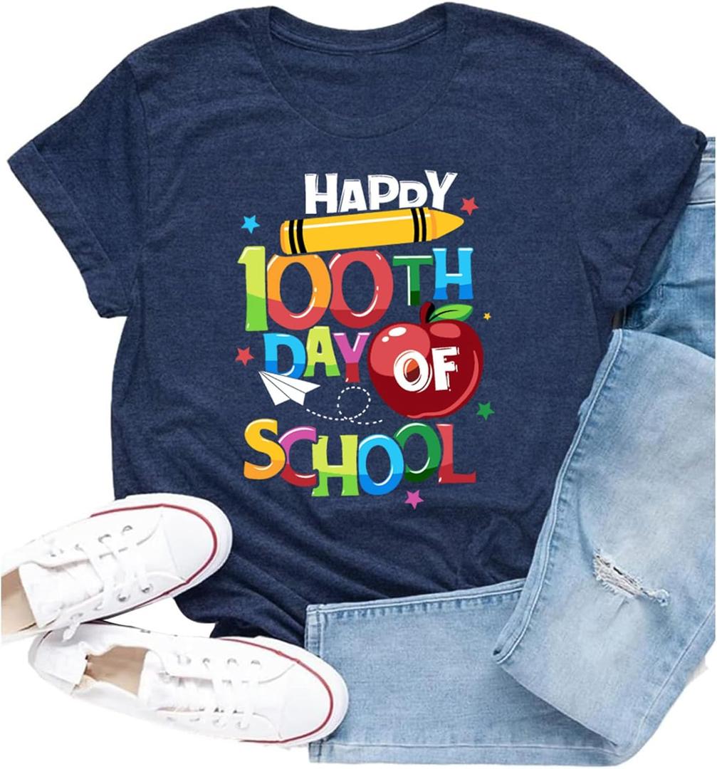 100 Days of School Shirts for Women Happy 100th Days Teacher T-Shirt Funny Pencil Apple Tee Tops (XL)