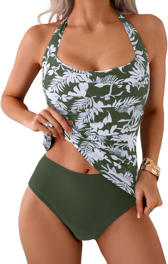 Eomenie Women's Halter Tankini Bathing Suit Ruched Tummy Control Two Piece Swimsuit with Bottom (Small, Green Printed)