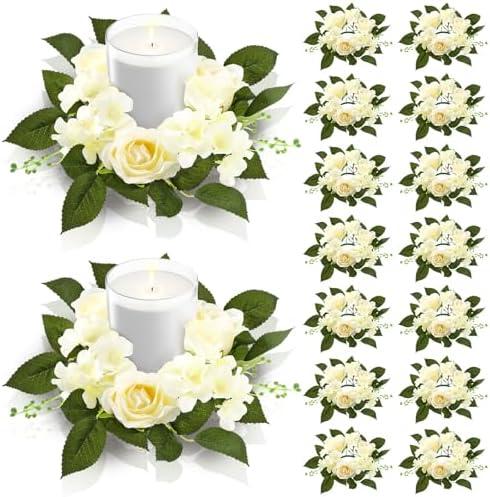 Jutom 12Pcs Wedding White Rose Candle Rings 3.94'' Inner Diameter Artificial Floral Wreaths with Green Leaves Floral Rings for Centerpieces for Pillar Candleholders Wedding Centerpiece Table Decor