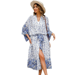 R.Vivimos Women's Vintage Floral Print Beach Boho Cardigan Kimono Maxi Swimwear Cover up Dress Wrap Small S