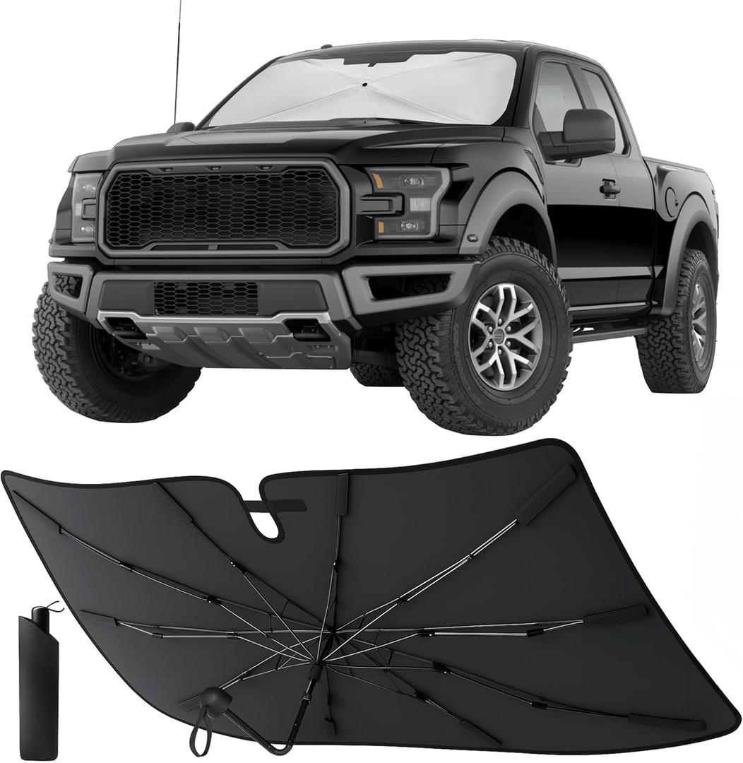 EcoNour Premium Umbrella Windshield Sun Shade for Car | Foldable UV Blocker Front Windshield Sunshade | Umbrella Shade Accessories with Storage Pouch | Full Size SUVs &MPV| Large - 61"x35" (Silver - Black)