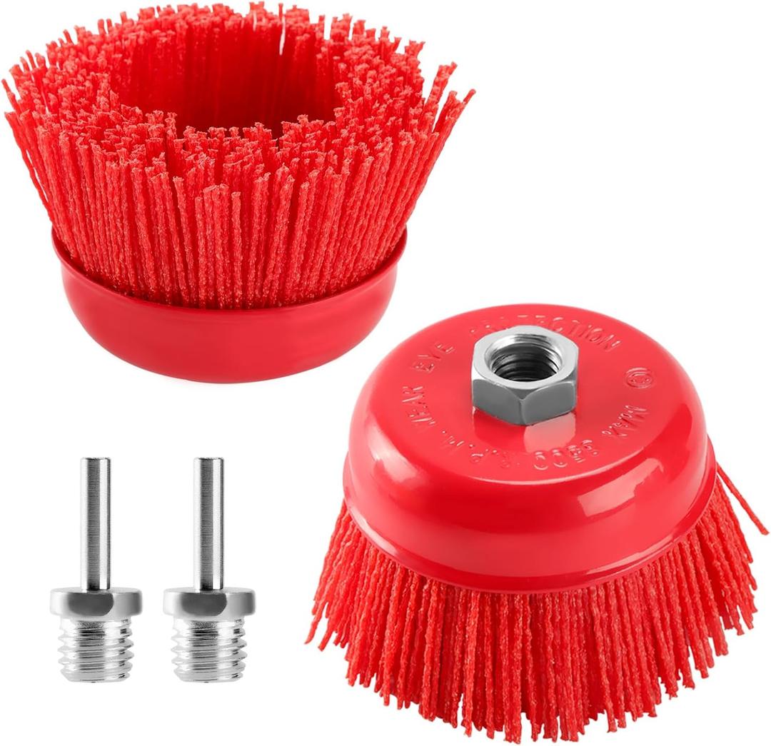 POLIWELL 4 Inch Nylon Filament Brush 2 Pack, 4 Abrasive Bristle Cup Brush Set 5/8"-11 Thread, 1/4" Arbor Max 8500 RPM for Variable Speed Angle Grinder, Polisher and Drill, Prep Surfaces for Bed Liner