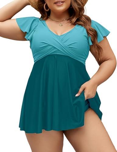 Edelqual Women's Plus Size Tankini Swimsuits Swim Dress Tummy Control Bathing Suits Two Piece High Waisted Swimwear 2025, Size 4XL
