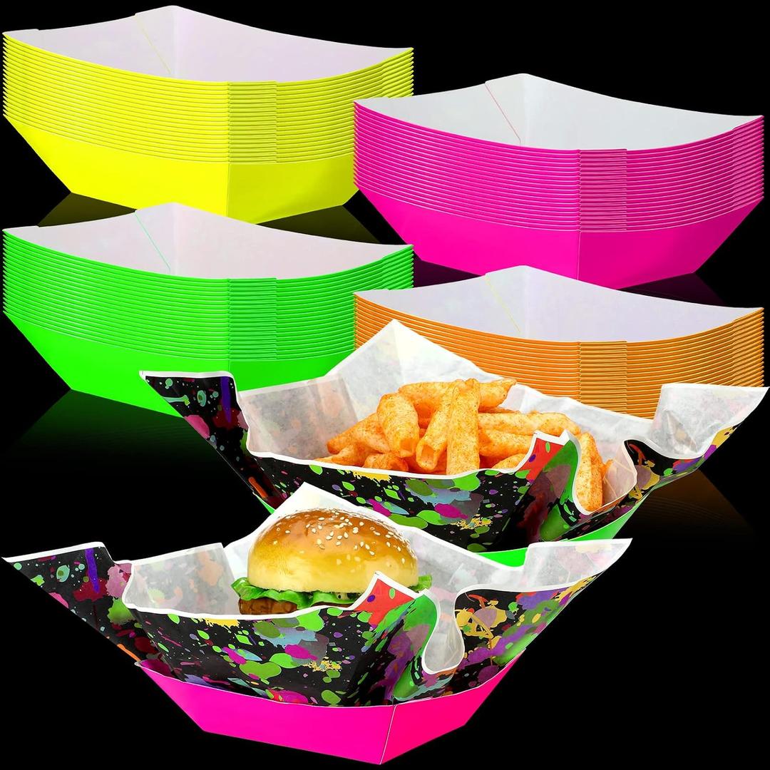 Lallisa 120 Pcs Neon Glow Party Supplies Serves 60 Neon Paper Food Trays Disposable Birthday Food Boat with Wax Paper Sheet Serving Tray for Buffet Glow in The Dark Movie Night Party Decoration