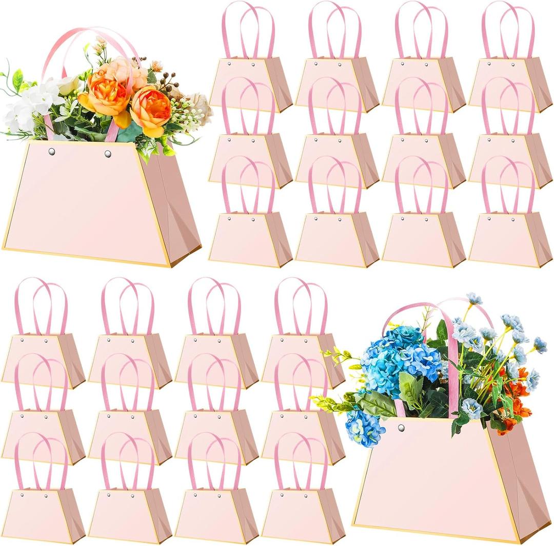 Noveread 24 Pcs Mother's Day Floral Gift Bags Bulk Portable Flower Bouquet Wrapping Paper Bag with Handle Waterproof Florist Wrap Centerpiece Box for Women Anniversary Wedding Birthday(Light Pink)