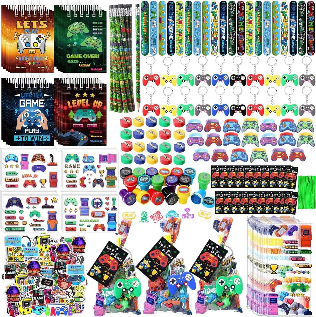 251 Pcs Video Game Party Favors Set Includes Gift Bags Pencils Notebook Sharpener Slap Bracelets Rings Keychains 3D Puffy Stickers Stamper Gamer Party Favors Birthday (Classic)