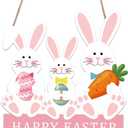 Whaline Easter Bunny Wooden Door Sign with String Hanging Plaque Cute Rabbit Hanging Sign for Holiday Outdoor Indoor Porch Wall Decor, 11.8 x 12.1 In