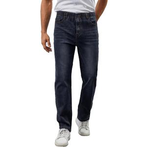Men's Elastic Waist Jeans Relaxed Fit Stretch Denim Pants Straight Leg Jean with Zipper (Dark Rinse, XL)