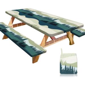 Picnic Table Cover with Bench Covers Portable Table Cloth Built-in Storage Pocket Fitted Tablecloth with Elastic Edges Waterproof Camping Essentials for Indoor Outdoor Rv,72in,Green Blue (72x30in)