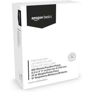 Amazon Basics Multipurpose Copy Printer Paper, 8.5 x 11 Inches , 24 lb, 1 Mega Ream, (800 Sheets), 97 Bright, White