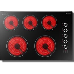 30 Inch Electric Cooktop 5 Burner Karienvir, 8600W Built-in Electric Stove Top, Cooktop 30" with Double-ring Burner, Knob & Touch Control, 9 Power Levels, Timer, Safety Lock, 220V-240V Hard Wire, 30 Inch 5 Bunrer Silver Knob
