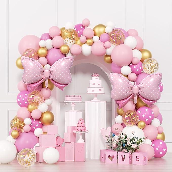 MeiWuKaBH Pink Mouse Balloon Garland Arch Kit for Cartoon Mouse Theme Birthday Party Decorations Girl Kids, Pink White Red Bow Foil Balloons for Mouse Baby Shower Party Decorations