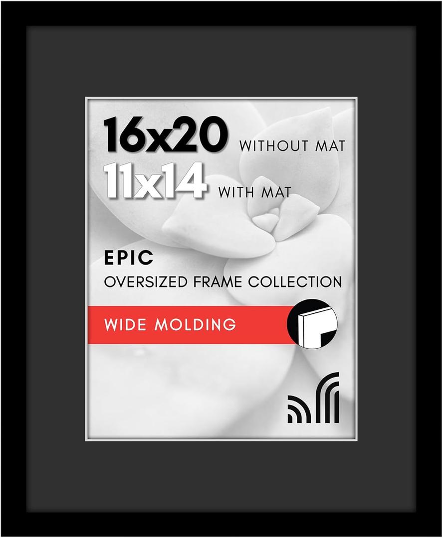 Americanflat 16x20 Picture Frame with Polished Plexiglass - Use as 11x14 Picture Frame with Black Mat and White Trim or Display 16x20 Photo Without Mat - Epic Collection - Black Wide Molding