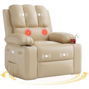 GarveeHome Oversized Electric Recliner Chair - 360 Rocker Swivel Recliner with Heat and Massage, PU Leather Large Recliner for Adults, Comfortable Lazy with 1.5X Sponge Filling for Living Room