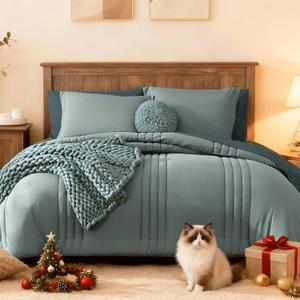 Monbix Full Size Comforter Set - 7 Pieces Sage Green Bed in a Bag Full Size Bedding Sets with Comforters, All Seasons Comforter with Sheets,Pillowcases & Shams