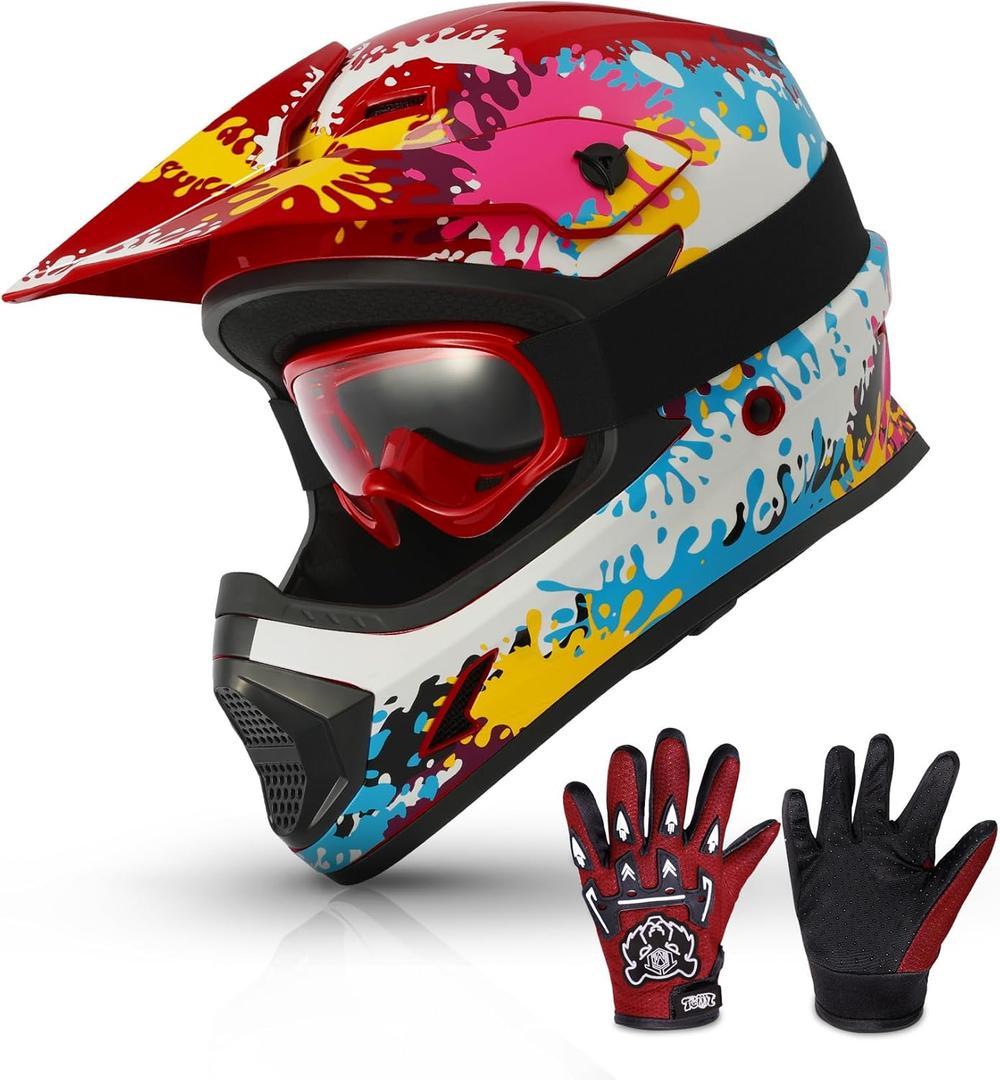 TCMT Youth Dirt Bike Helmet DOT Certified - Kids Full Face Motocross ATV Helmet with Goggles, Gloves and Helmet Bag for Off-Road, BMX, MX, Street Riding