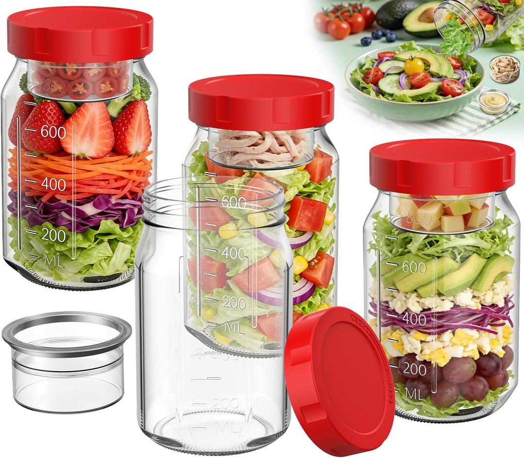 4Pack Glass Salad Jars with Lids, 32oz Salads Mason Jars with Wet/Dry Separation Cup, Meal Prep Salad Containers for Lunch, Leakproof Wide Mouth Food Storage Containers, BPA-Free Reusable (Red)