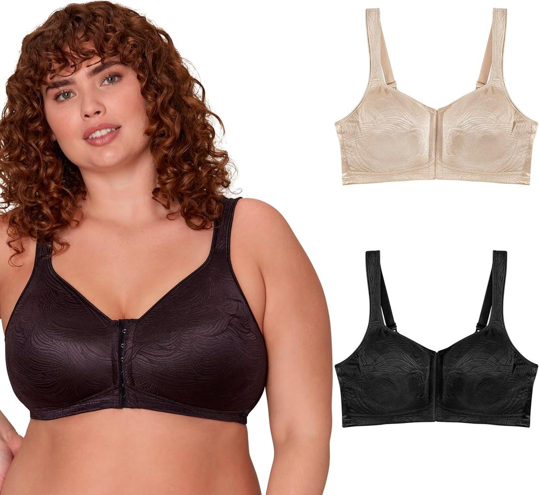 Playtex Womens 18 Hour Front Close Extra Back Support Wireless Bra, USE52E (42D, Nude/Black, 2 Pack)