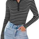 ZESICA Womens Long Sleeve Striped Shirts V Neck Button Up Sweater Casual Loose Basic Tops Trendy Spring Clothes (Black, M)