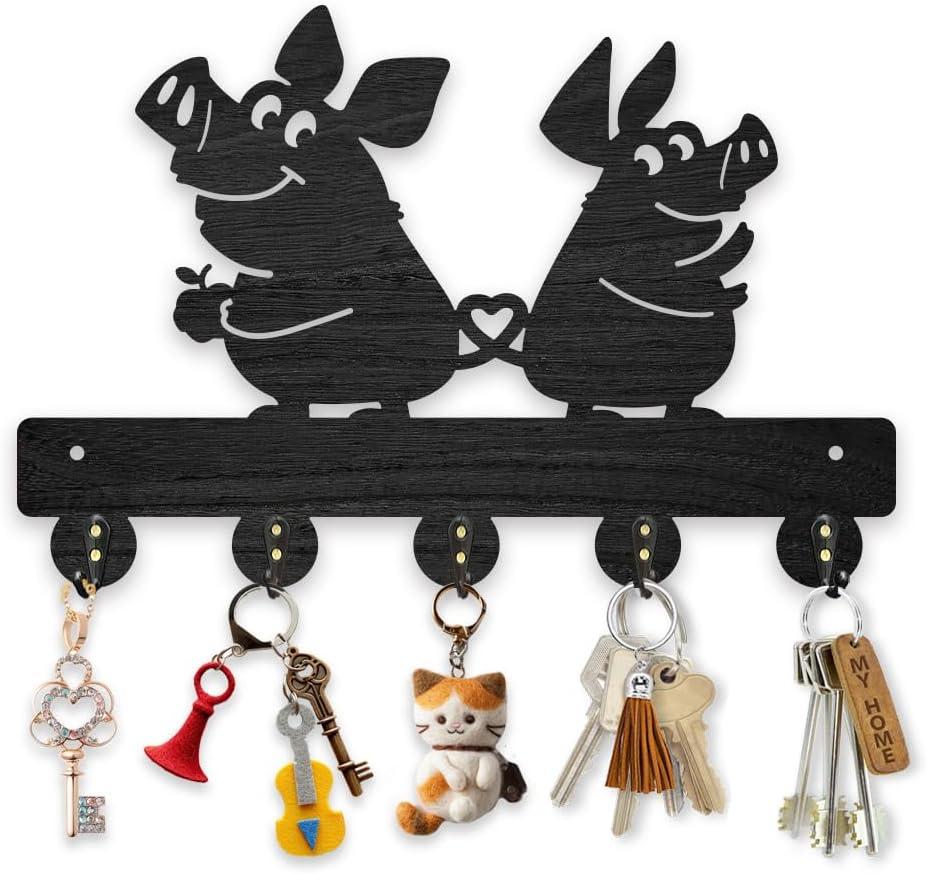 MAYJOYDIY Wood Funny Pig Key Holder Wall Mount Pig Love Heart Key Rack 2 Pig Wall Hook Decor 11.8x7.8 inch Animal Theme Key Hanger with 5 Alloy Hooks for Farmhouse Home Entryway