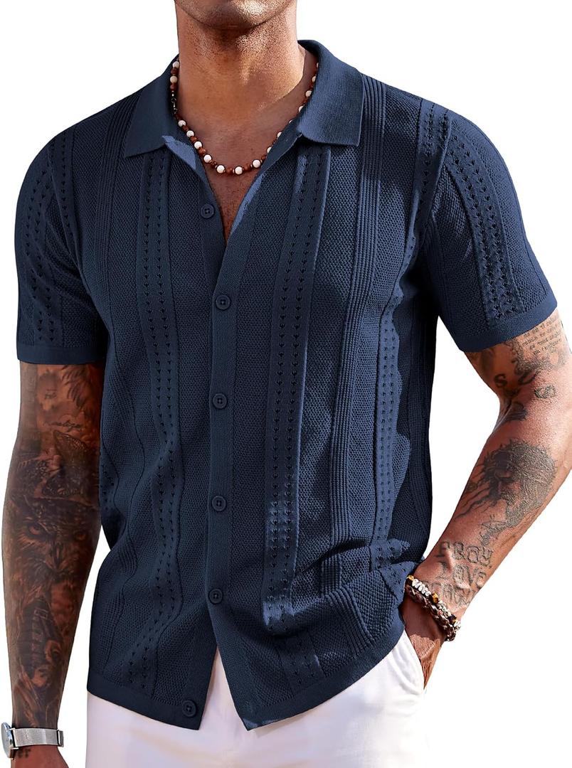 COOFANDY Men's Knit Shirts Short Sleeve Button Down Polo Shirt Fashion Casual Summer Beach Shirts (Blue, L)