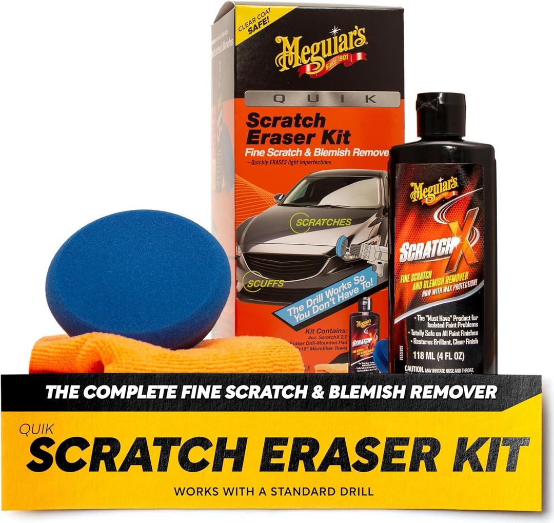 Meguiar's Quik Scratch Eraser Kit, Car Scratch Remover for Repairing Surface Blemishes, Car Care Kit with ScratchX, Drill-Mounted Pad, and Microfiber Towel, 4 Count