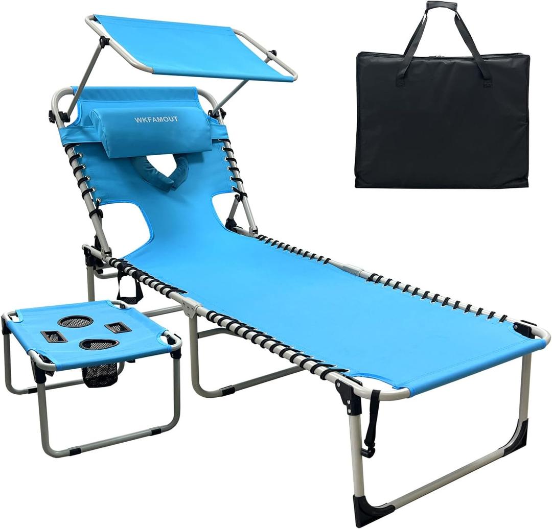 Outdoor Tanning Chair with Sun Canopy Shade & Face Hole, Folding Lounge Chair with Beach Table and Carry Bag for Poolside Sunbathing Lawn, 74.8"*23.23"