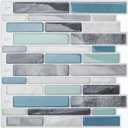 LONGKING Self-Adhesive Kitchen Backsplash, Marble Look Decorative Tiles (10 Tiles) (Blue)