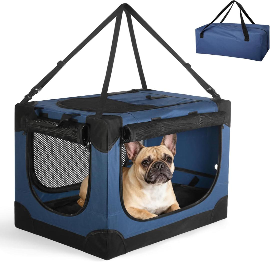 Soft Small Dog Crate - 24 inch Portable Travel Puppy Crate for Small Pets or 2 Cats, Collapsible Pet Carrier with 4 Mesh Doors, Car Kennel for Dogs with Handle for Indoor and Outdoor, Bule (Blue)