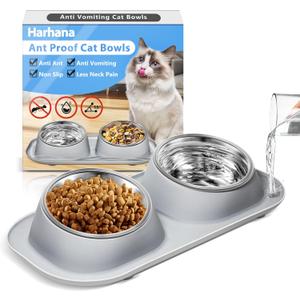 Ant Away Stainless Steel Elevated Cat Bowls with Stand - Tilted Anti Vomiting, Double Food and Water Bowl Set (Grey, 16 Oz)