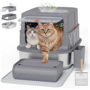 XXL Stainless Steel Covered Cat Litter Box with Lid  Extra Large Enclosed Metal Litter Box for Big Cats, Leak-Proof, Odor Control, Top Exit, Scoop, Pedal & Non-Slip Mat, Easy to Clean
