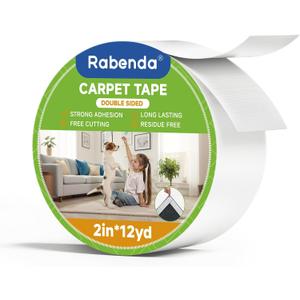 Rabenda Double Sided Carpet Tape - 2 Inch x 12 Yards Removable Rug Tape for Hardwood Floors, Tile & Laminate - No Residue Strong Hold Anti Slip Gripper for Area Rugs, Mats & Carpets (36' (Round))