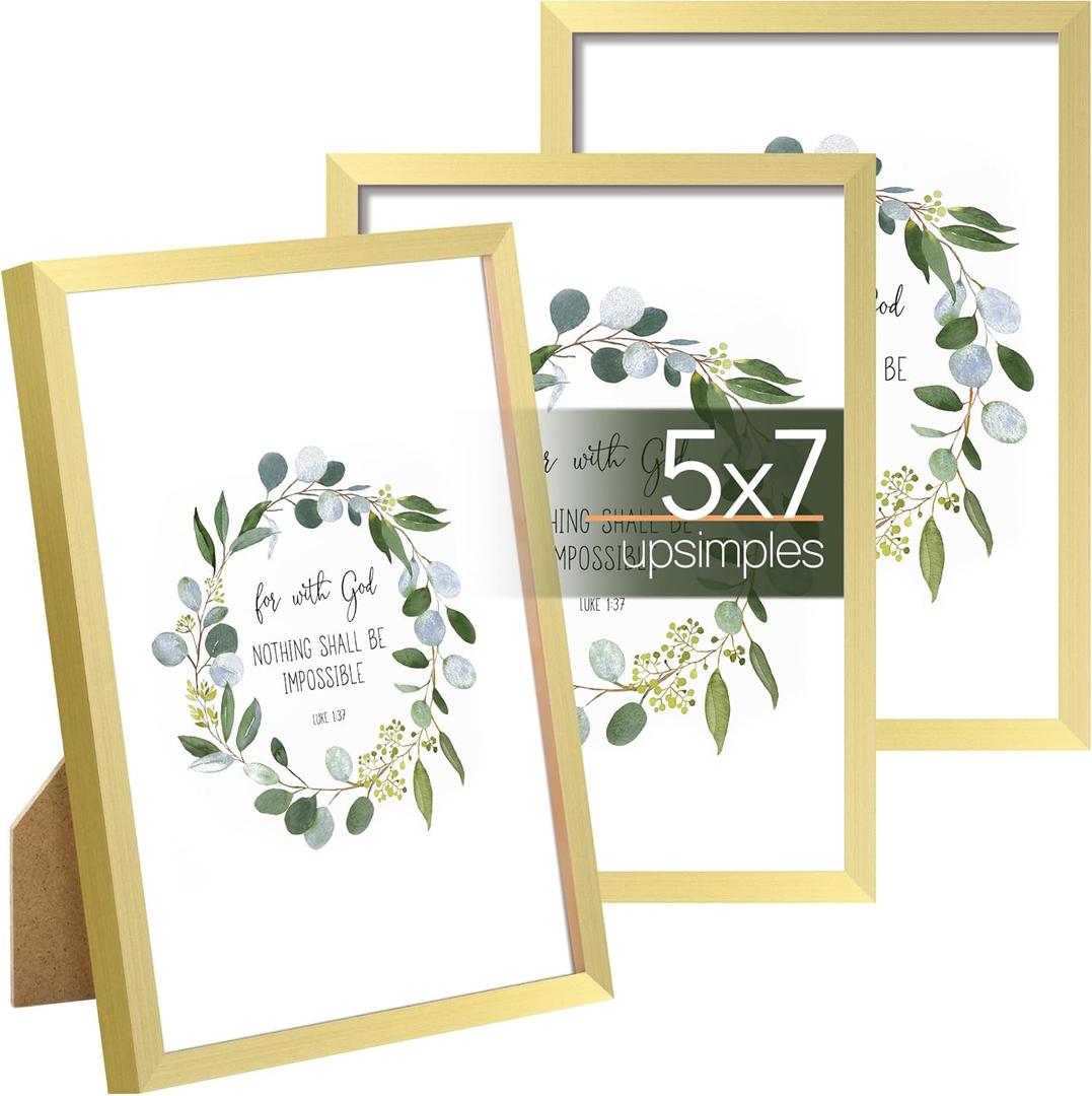 Upsimples 5x7 Picture Frame Set of 3, Made of High Definition Glass for 5 x 7 Gold Frames, Wall and Tabletop Display Thin Border Photo Frame for Home Dcor