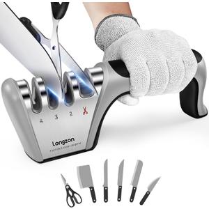 Longzon 5-in-1 Knife Sharpener 4 Stage with Cut-Resistant Glove, Quickly Sharpens & Restores Dull Blades, Easy & Safe for Home Kitchen Use, Fits Most Knives and Scissors, Black+Silver