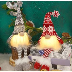 Juegoal 2 Pack Lighted Christmas Gnomes with Dangling Legs, 19.5Inch Handmade Scandinavian Swedish Tomte, Battery Operated Winter Tabletop Christmas Decorations Collectible Figurines