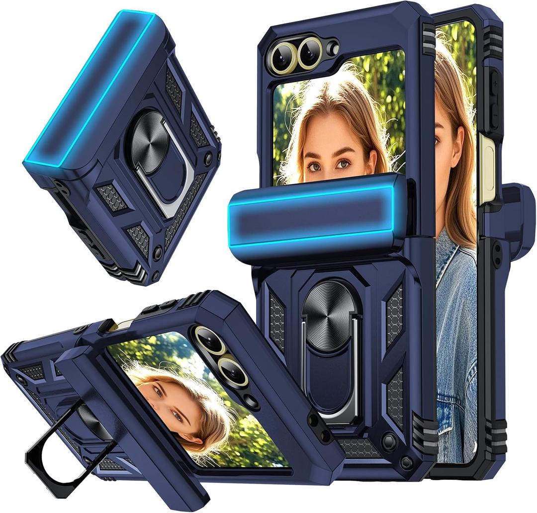 LeYi for Samsung Z-Flip 6 Case, Samsung Galaxy Z Flip6 Case with Slide Camera Cover, Heavy Duty Double Layer Military Grade Case Cover with Magnetic Ring Kickstand for Samsung ZFlip 6, Blue