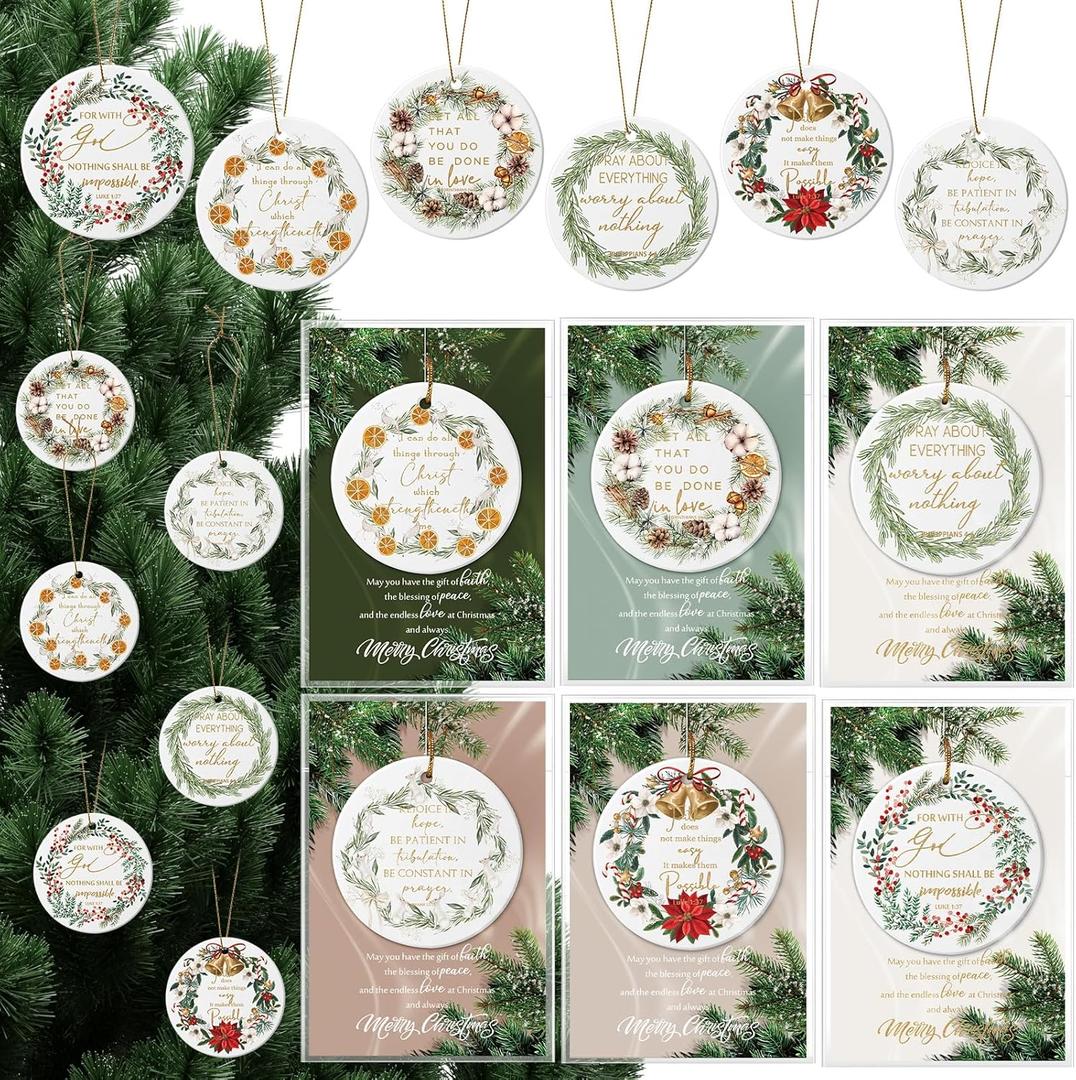 18 Set Christmas Christian Ornaments Religious Gift Bulk Bibles Verse Ornament Scripture Hanging Ceramic Inspirational Round Wreath Sign with Card for Church Family Sunday Xmas Tree (Classic)