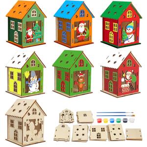 Fennoral 7 Pack Wooden Christmas House Craft Kit for Kids Make You Own 3D Christmas House Kit DIY Paint & Build Art Craft for Art Projiect Xmas Party Decoration