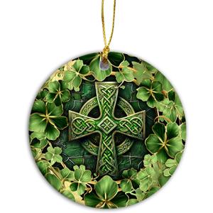 Saint Patrick's Day Ornament | Elegant Irish Celtic Cross Green and Gold, Religious & Spiritual Home Decor, Shamrock (Gold Leaf)